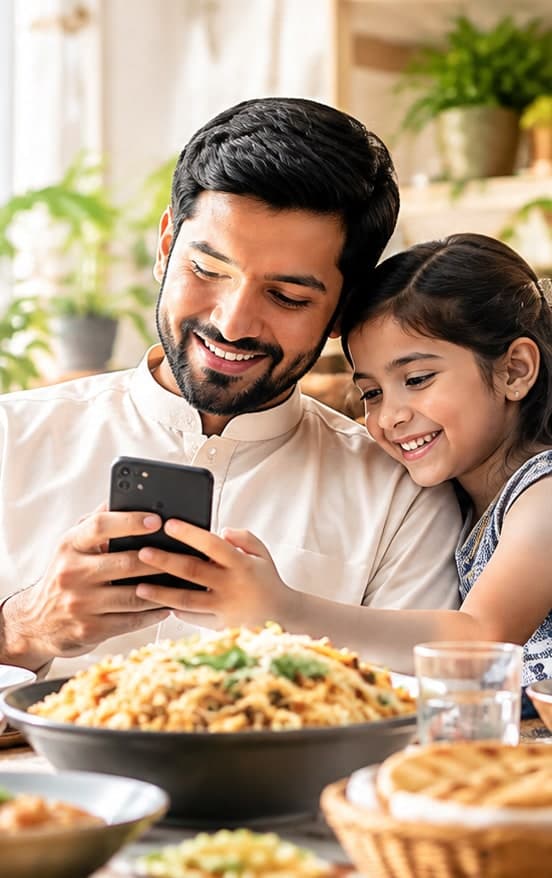 A father in a cream kurta smiles at his phone while his young daughter leans on his shoulder at the family table.