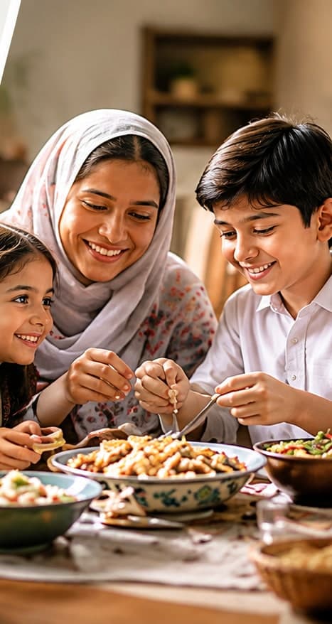 A mother in a light hijab shares food from bowls with her daughter and son at the table.
